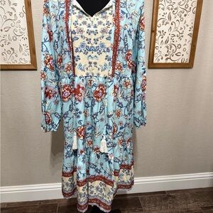 Boho Floral Long Sleeve Dress - Blue and Red